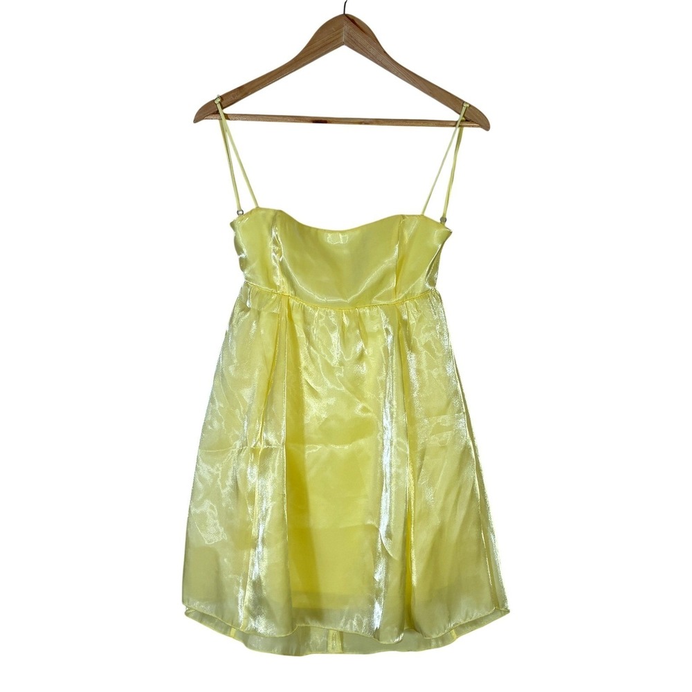 Lucy in the Sky Satin Butter Yellow Babydoll Off Shoulder Mini Dress Tie Back
